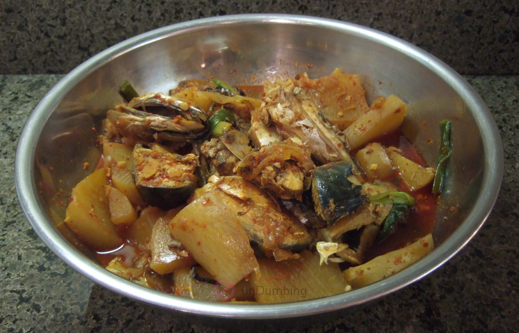 Korean spicy braised mackerel in a stainless steel bowl