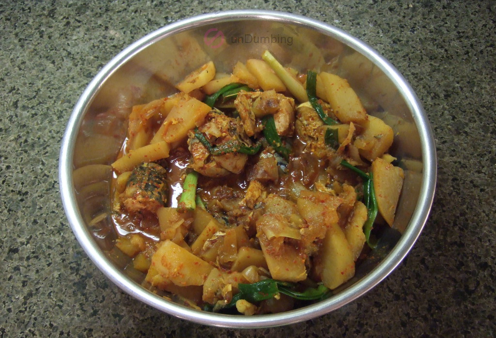 Korean spicy braised mackerel in a stainless steel bowl (Try 2)