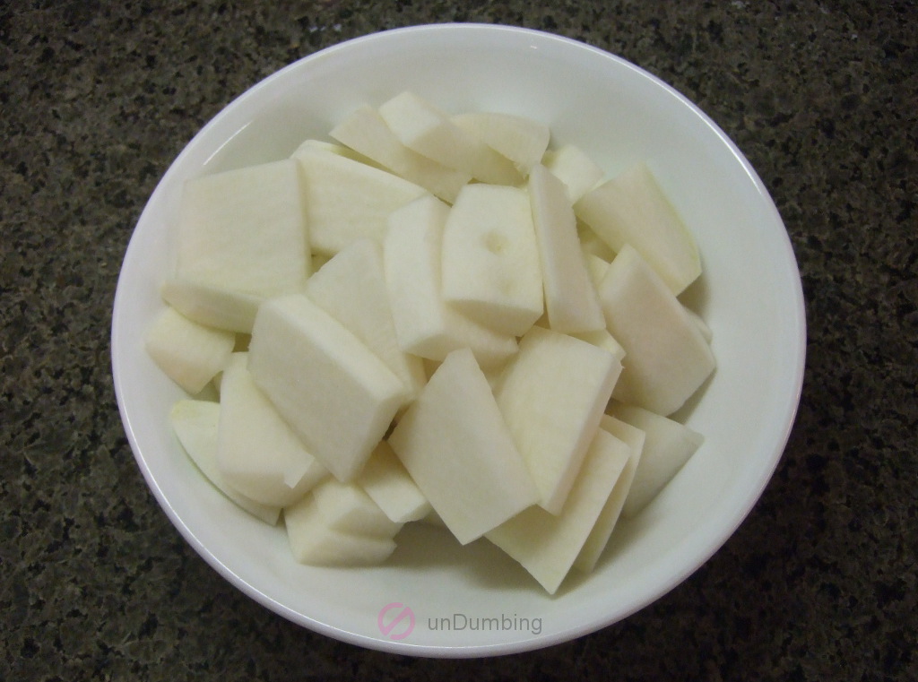 Cut Korean radish in a white bowl