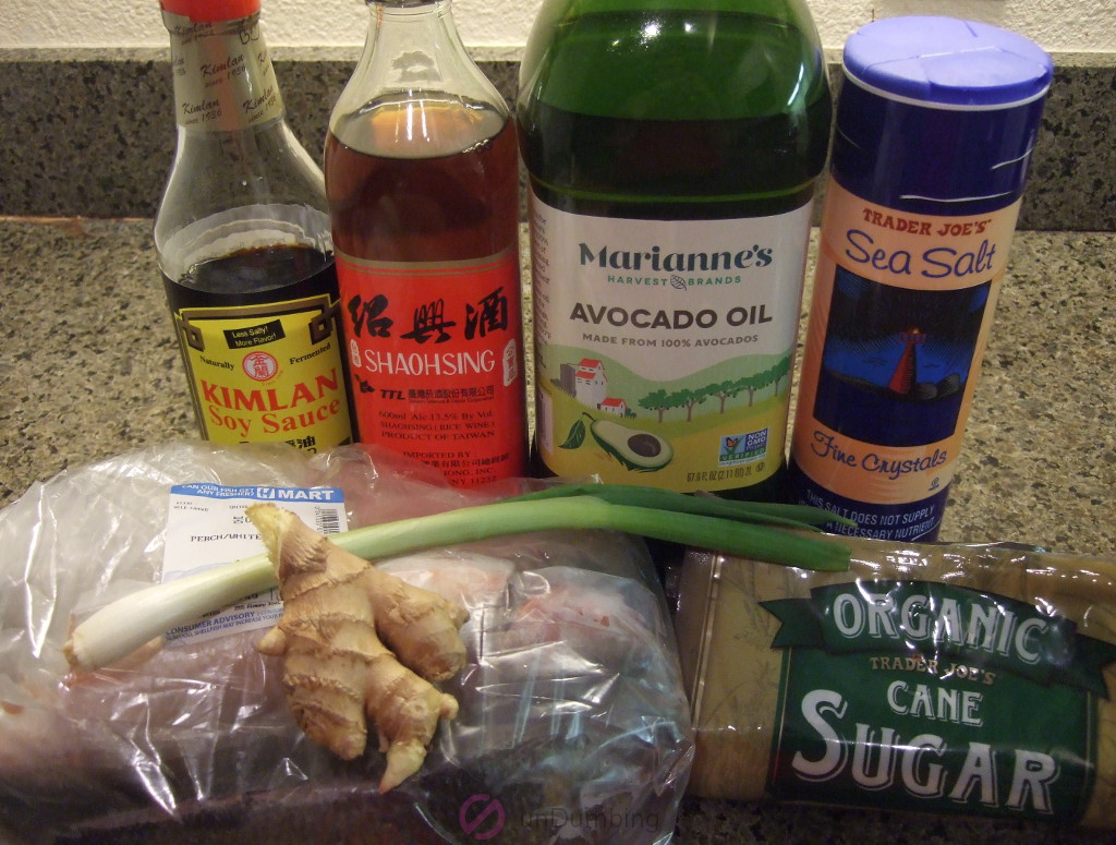 Soy sauce, Shaoxing (Shaohsing) wine, oil, salt, scallion, ginger, perch, and sugar