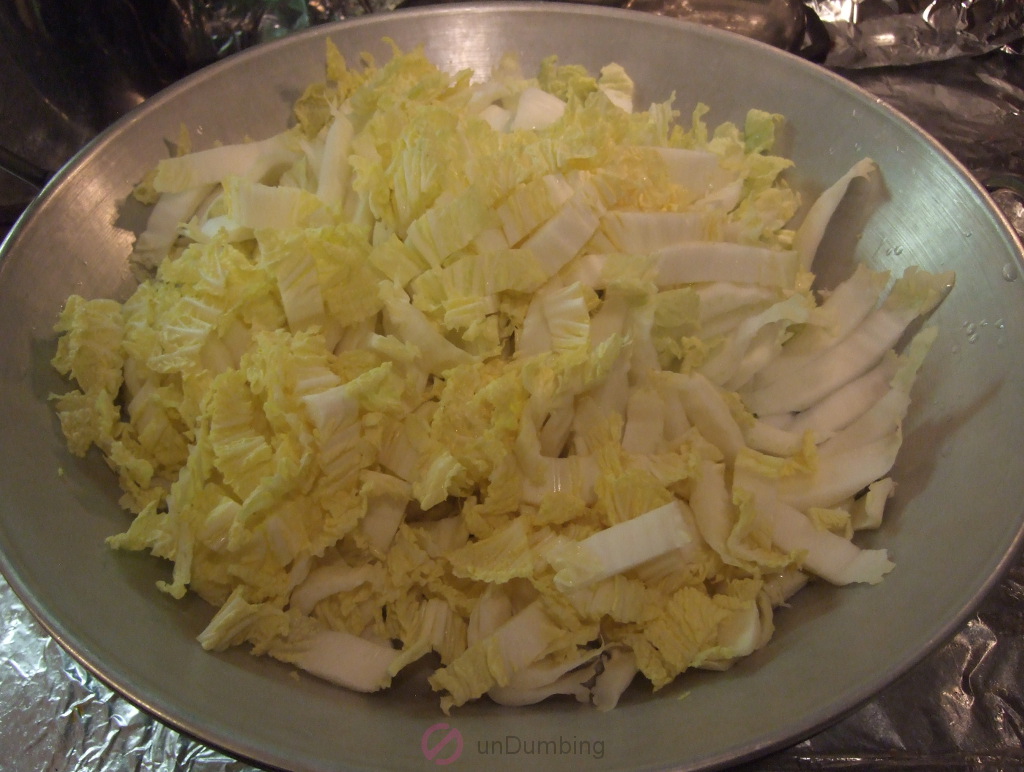Sliced cabbage in a wok cover