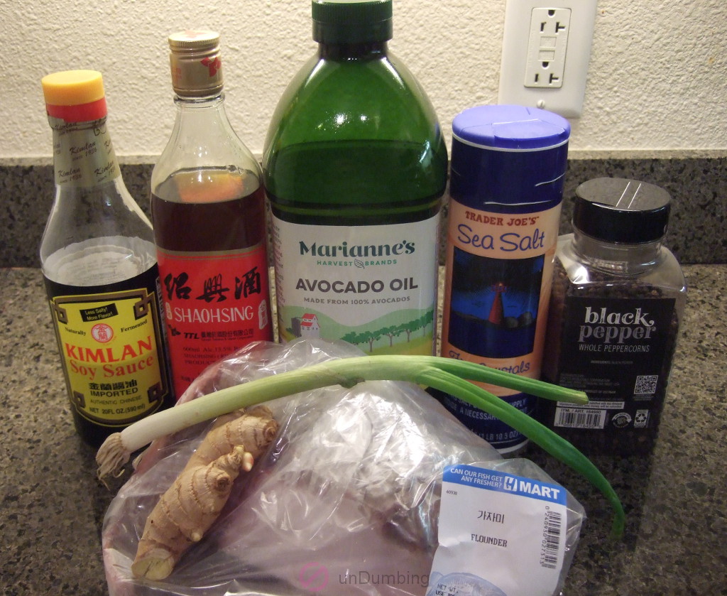 Soy sauce, rice wine, oil, salt, black pepper, scallion, ginger, and flounder