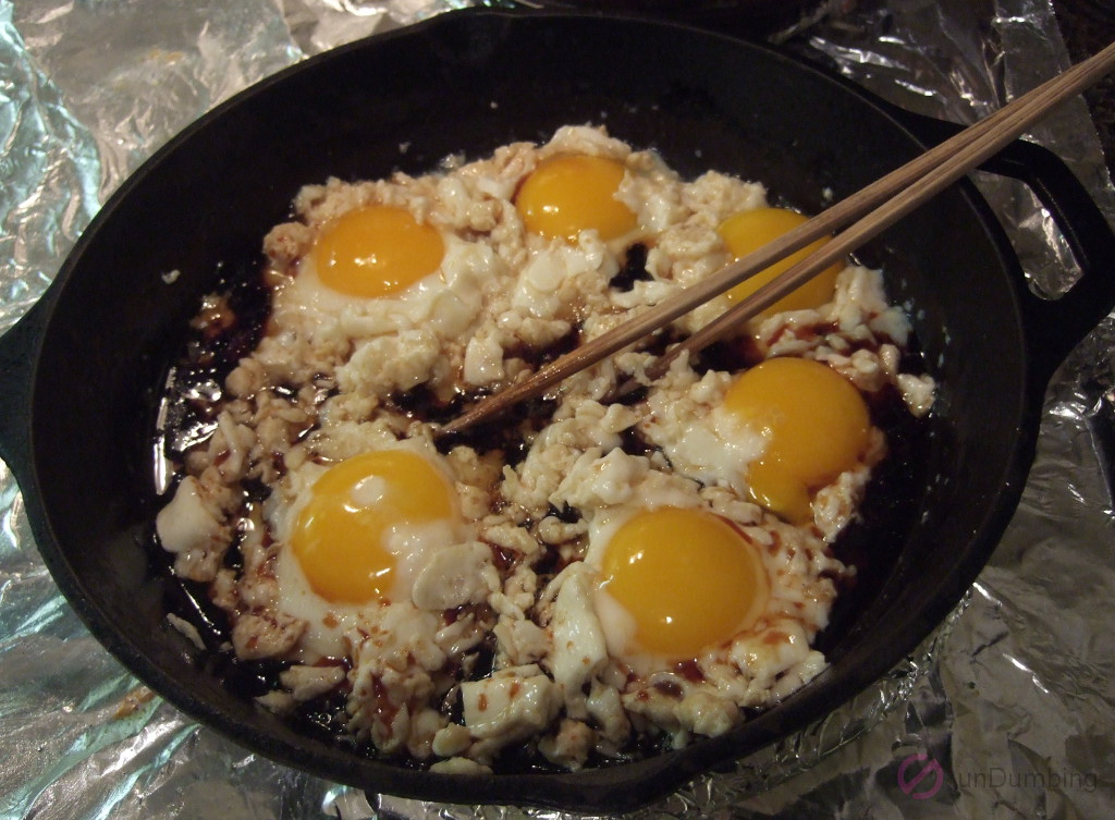 Soy sauce added to the skillet after scrambling the egg whites