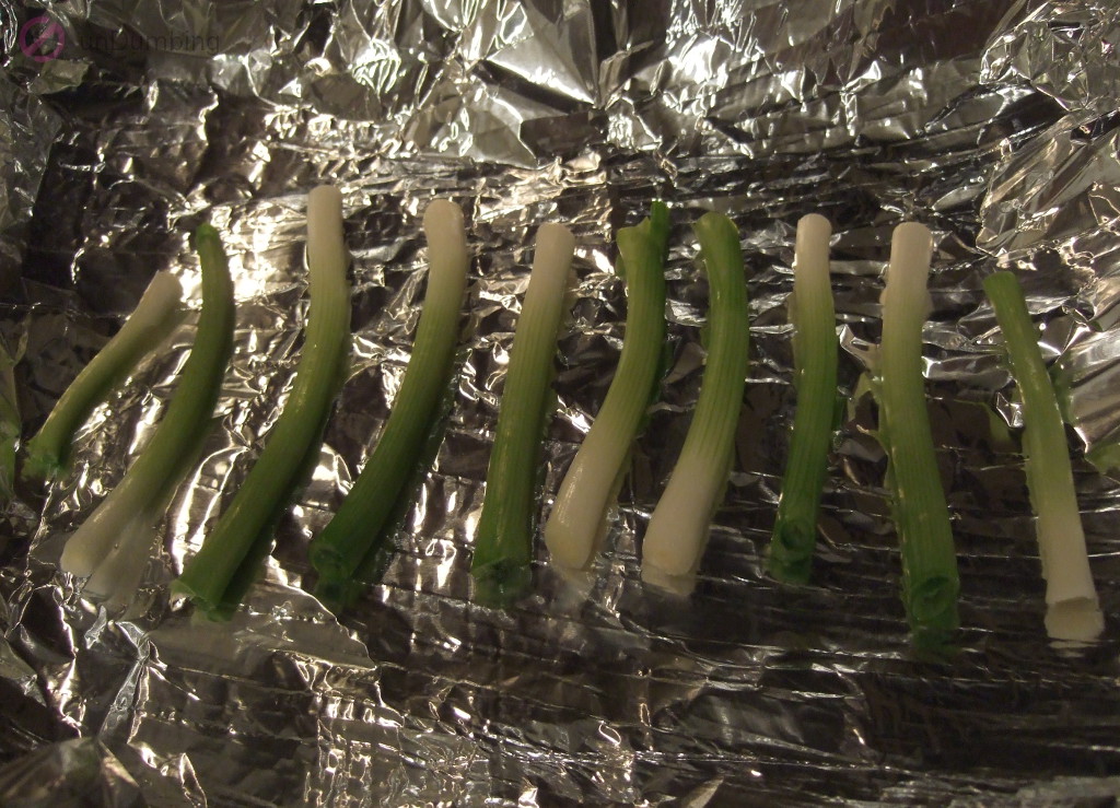 Spring onion stalks on a foiled-lined roasting pan