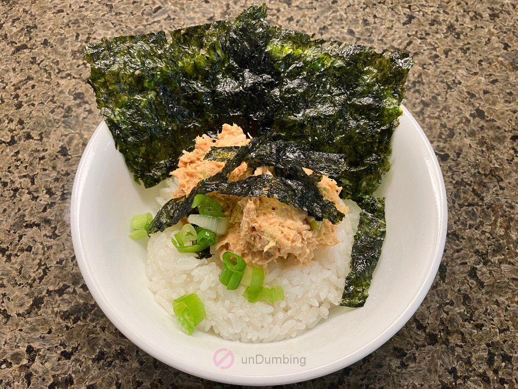 Japanese spicy tuna salad in a white bowl with green tea seaweed and chopped scallion (Try 2)