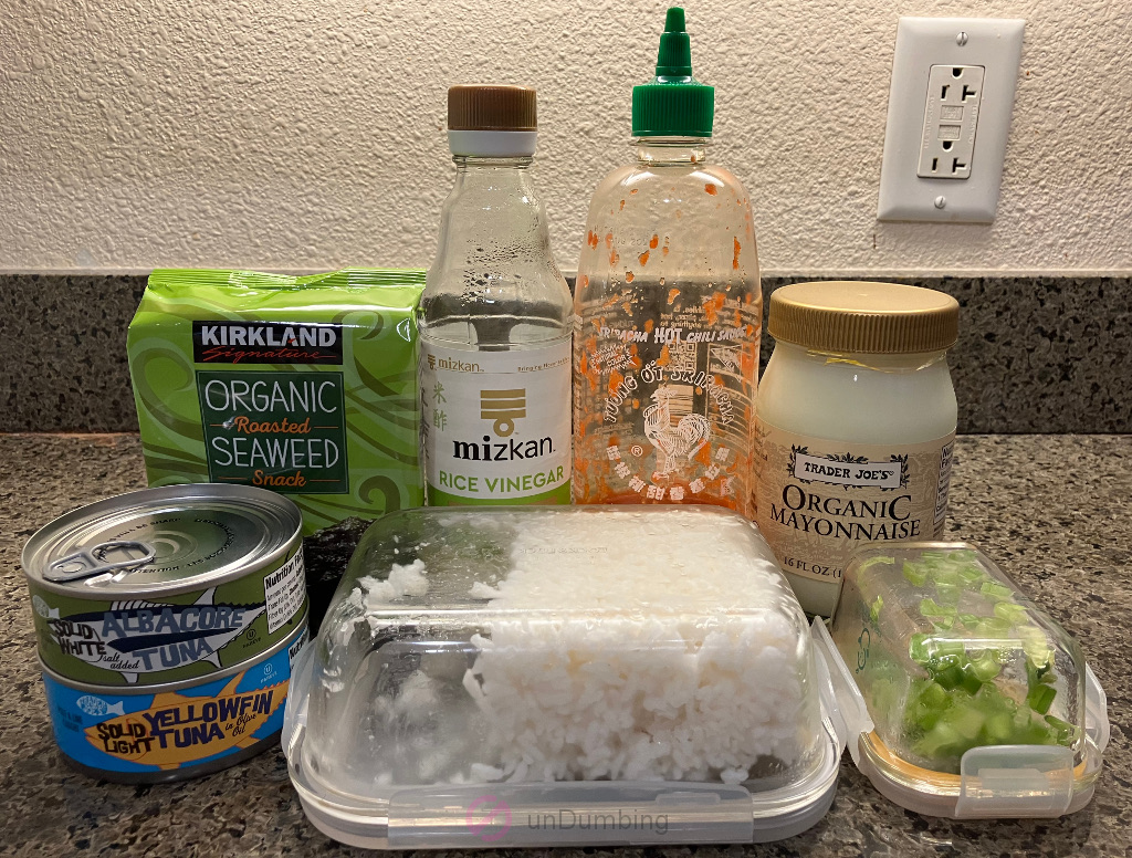 Roasted seaweed, rice vinegar, Sriracha sauce, mayonnaise, tuna, rice, and scallion