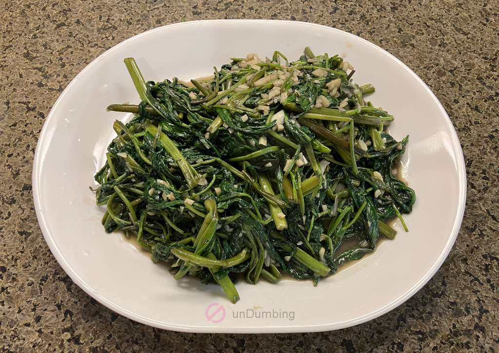 Stir-fried ong choy on a white plate (Try 2)