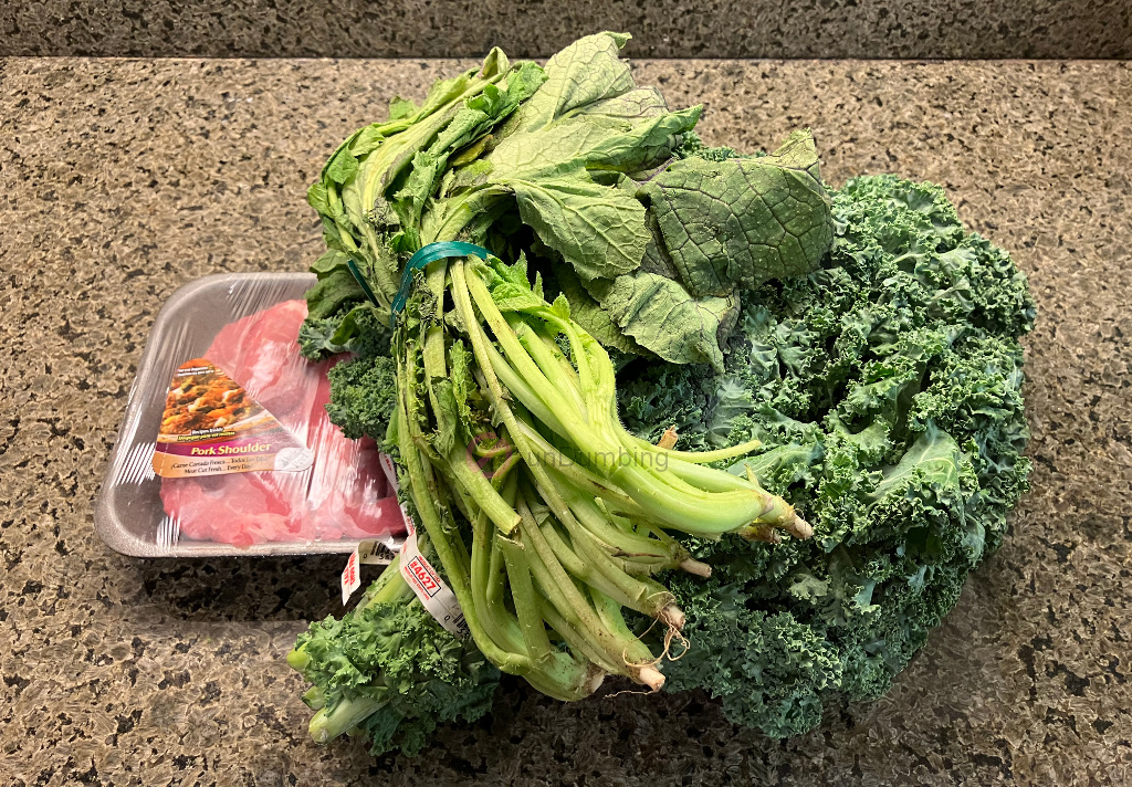 Pork blade steak, Korean mustard leaf, and kale