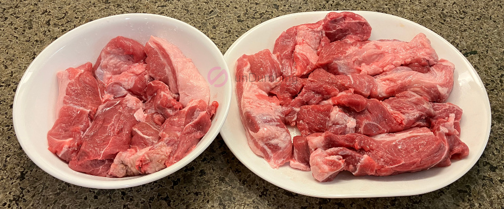 White bowl and plate of salted pork